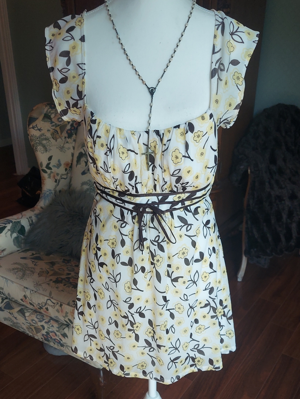 Trixxi Yellow Floral Square-Neck Mini Dress with Brown Tie